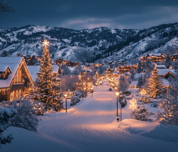 Park City ski village at dusk with snow-covered chalets and glowing holiday lights