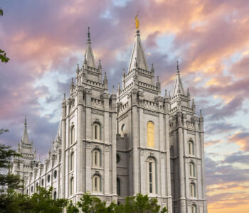 Salt Lake Temple and Temple Square at sunset